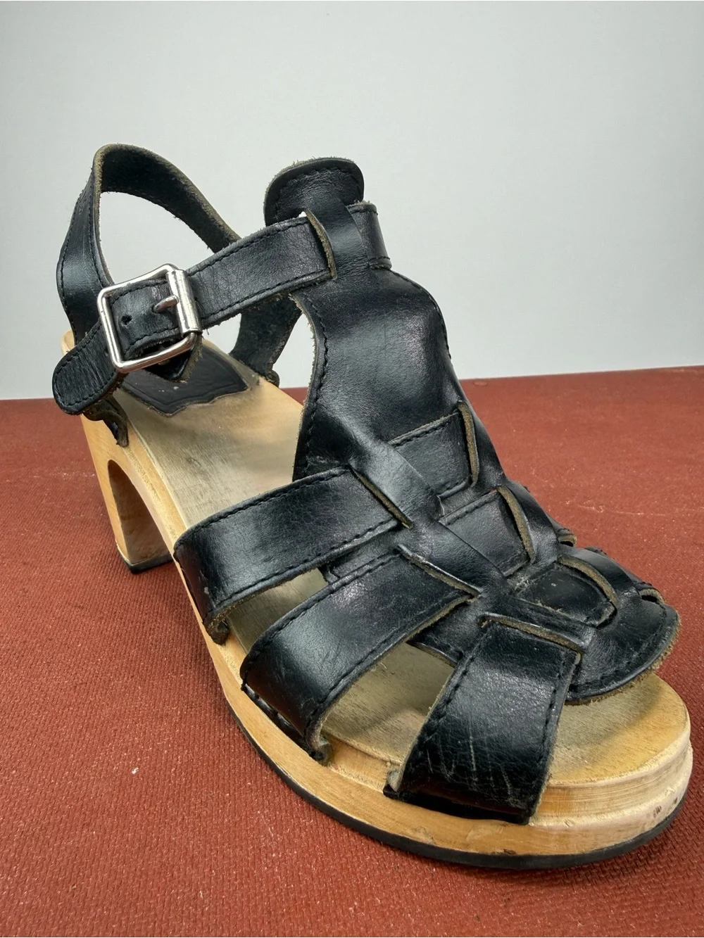 Swedish Hasbeens Black Woven Leather Platform Sandals Size 39
